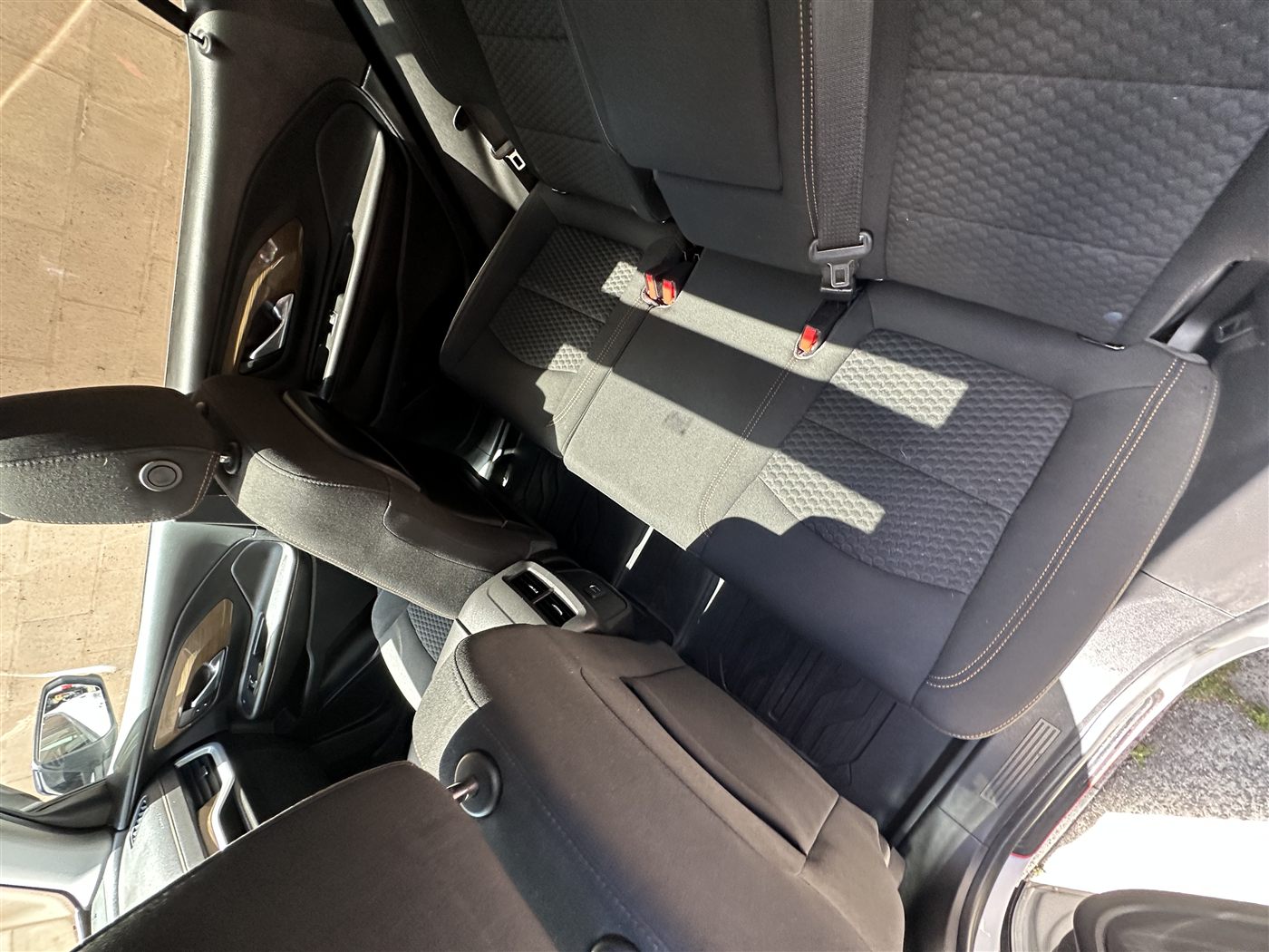 Rear bench interior after pet hair removal — clean fabric seats and rubber floor mats